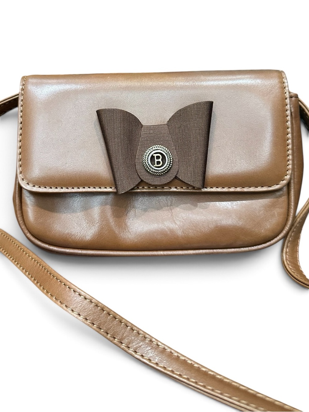 Vintage Bally Brown Leather Bow Crossbody Bag B Medallion Made in Italy